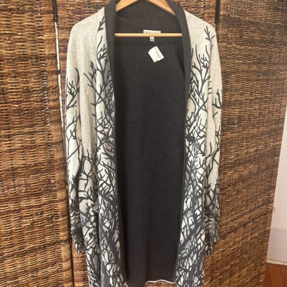 Neiman Marcus Tree Branch Print Open Front Cardigan Sweater Gray/Black Size L - Picture 2 of 5